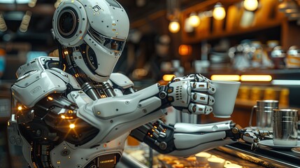 Fototapeta premium 3D illustration depicting a robot arm serving hot coffee in a coffee shop.
