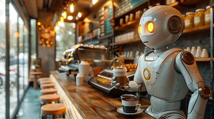 Obraz premium 3D illustration depicting a robot arm serving hot coffee in a coffee shop.