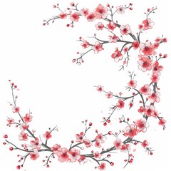 Elegant cherry blossom branches with pink flowers on a white background. Japanese Washi Frame.