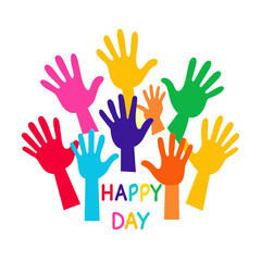 Illustration of colorful hand palms near happy childrens day lettering vector style white background