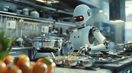3D rendering of a humanoid robot chef preparing dishes in a restaurant kitchen, representing the future integration of smart robotics and artificial intelligence.
