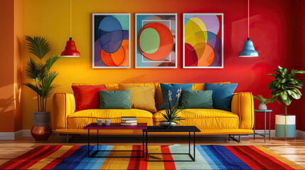 Art Home. Modern colorful living room Interior with sofa and paintings