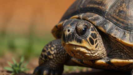 A turtle is looking at the camera with its eyes wide open