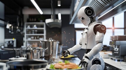 3D rendering of a humanoid robot chef preparing dishes in a restaurant kitchen, representing the future integration of smart robotics and artificial intelligence.