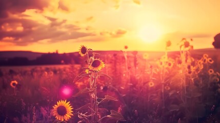 A vibrant sunset over a field of blooming sunflowers
