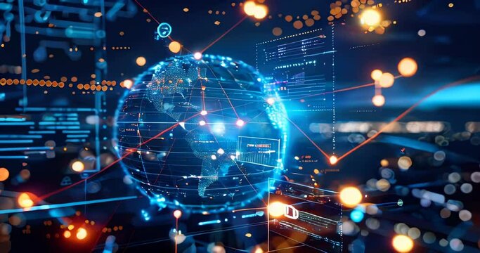 Floating globe with internet traffic stats, lines link continents in a virtual environment. Big data visualization
