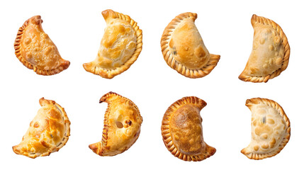  A collection of empanadas showcasing chicken, beef, and cheese fillings on a stark, transparent background