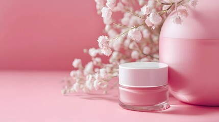Pink Cosmetic Jar with Flowers on Pink Background