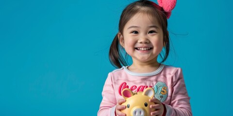 Girl, piggy bank, studio photo, mockup space, saving and financial education on blue background. Young girl with money box, happy goal, investing and learning cash discipline
