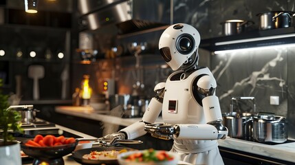 3D rendering of a humanoid robot chef preparing dishes in a restaurant kitchen, representing the future integration of smart robotics and artificial intelligence.
