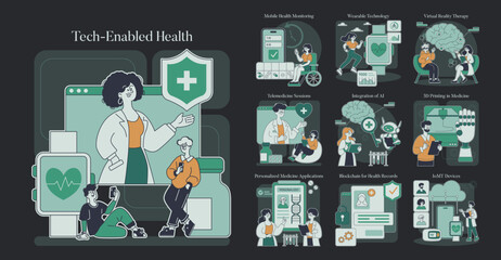 Tech Enabled Health. Flat Vector Illustration