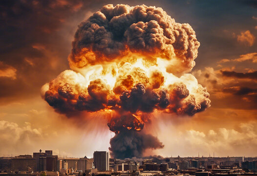The explosion of a nuclear bomb in an urban area. The mushroom of an atomic bomb explosion in a city