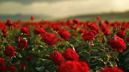 Direct your attention to the stunning red roses blooming amidst the vast rose field