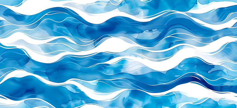 Mesmerizing hand-drawn watercolor waves, featuring a harmonious blend of blue and white, ideal for enhancing backgrounds or banner designs on a tourist, marine, summer theme
