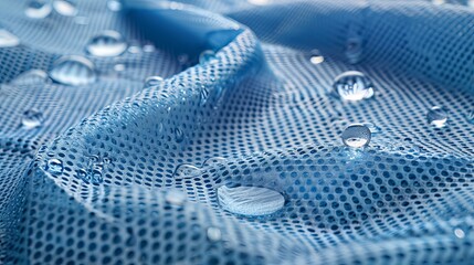 Vector 3D illustration depicting water droplets on perforated spunbond synthetic fiber nonwoven fabric, demonstrating its waterproof properties and support for cooling while reflecting heat.