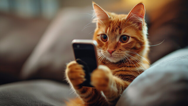 A cat holding a smartphone while looking at the camera. Smart, cute cat uses phone to surf the internet.