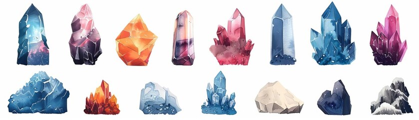 Set of watercolor crystals. Collection of colorful gemstones. Vector illustration.