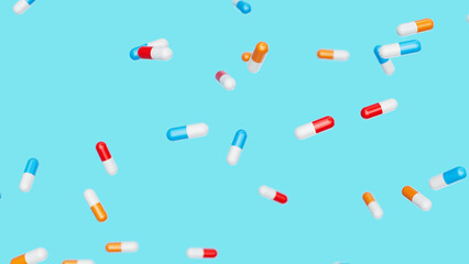 Colorful capsules fall against blue backdrop. Drugs, pills, tablets, medicine concept. 3d render illustration
