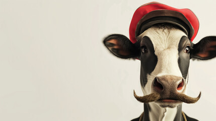 a single cow showing in the bottom right part of the image, on plane white background. the cow is wearing a funny mustache and a bright single colored hat 