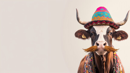 a single cow showing in the bottom right part of the image, on plane white background. the cow is wearing a funny mustache and a bright single colored hat 