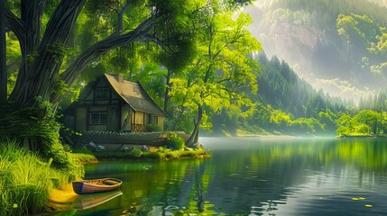 A house is on the shore of a lake.