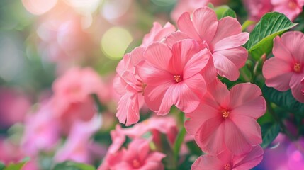 Fototapeta premium Flower Garden Isolated. Beautiful Pink Fueng Fah Flowers in Tropical Garden Setting