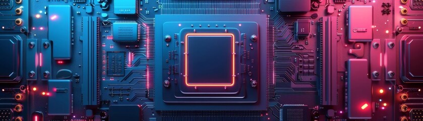 Fototapeta premium The image is a close-up of a computer chip. The chip is surrounded by a blue and red circuit board.