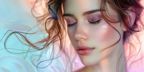 Chic Girl Radiates Sweetness and Sensuality with Stunning Makeup and Tousled Hair. Concept Fashion Photography, Makeup Trends, Hairstyle Ideas, Sensual Portraits, Stylish Makeup