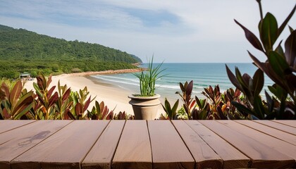 empty wooden table top on plant vase and seaside plants with beach sea view background for product...