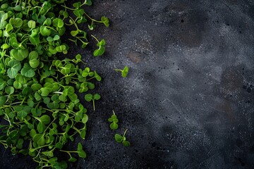 Dark Leafy Greens. Top view of Baby Leafy Greens on Textured Dark Background. Microgreens Concept