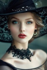 Fototapeta premium Elegant Lady. Portrait of Beautiful Young Girl in Black Evening Dress and Stylish Hat