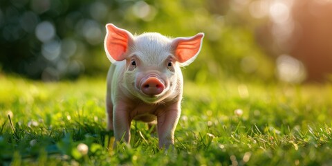 Fototapeta premium Cute Baby Animal. Baby Pig Standing on Grass Lawn in Farm Environment. Concept of Animal Health,