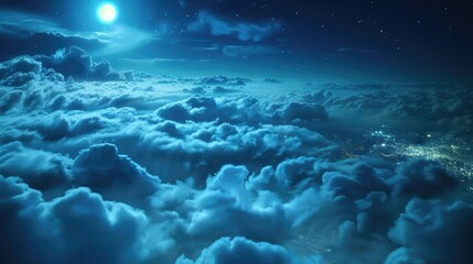 Fototapeta na wymiar Clouds City. Night Aerial View of Moonlit City Through Moving Cloudscape