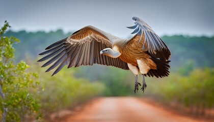 white backed vulture gyps africanus flying just before landing in zimanga game reserve in kwa zulu natal in south africa