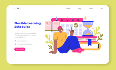Flexible Learning Schedules concept A student with a calendar and hourglass, embodying the adaptability of digital education to personal timetables Vector illustration