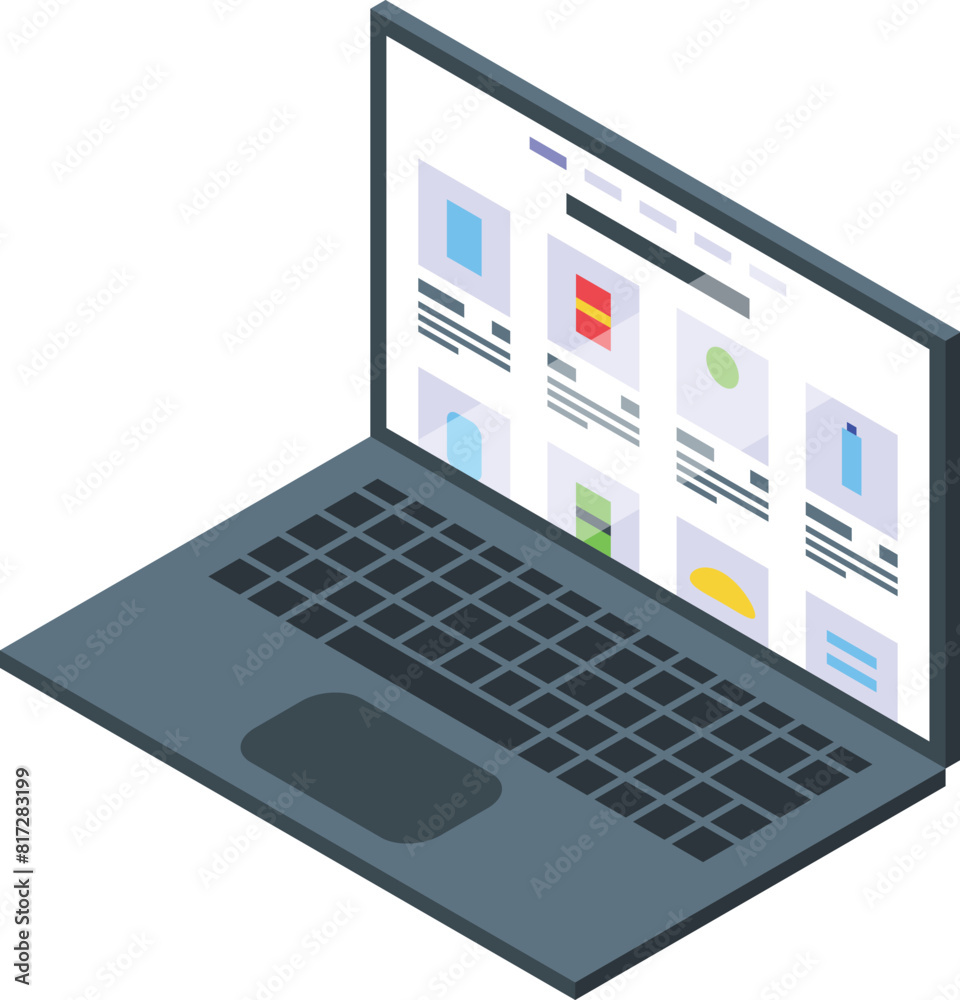 Poster 3d illustration of an open laptop displaying a colorful user interface with various icons