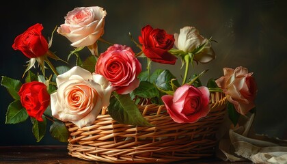 Roses in a basket, as seen from an angle
