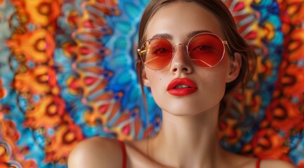 Woman Wearing Red Sunglasses in Front of Colorful Background