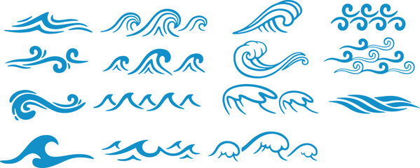 Pixel perfect icon set of wave in ocean sea, surf wave summer beach blue aqua water. Simple thin line icons, flat vector illustrations. Isolated on white, transparent background  © CFK