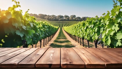 the empty wooden table top with blur background of vineyard exuberant image high quality photo