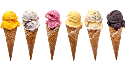  A crisp image of assorted ice cream cones, each with different flavors like mango sorbet, chocolate chip, and raspberry swirl, neatly arranged, transparent background