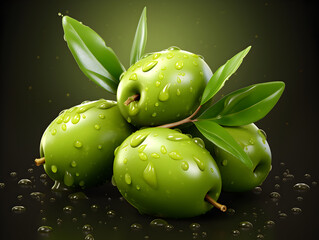 Green olives with leaves and oil dropsisolated on green background 