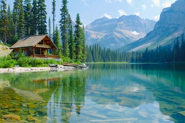 Obraz premium A cabin sits on the shore of a lake in the mountains.