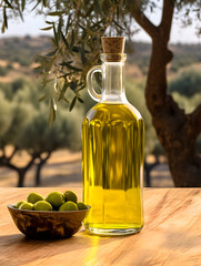 A glass bottle with olive oil and green olive twig on wooden table, blurred green outdoor background 