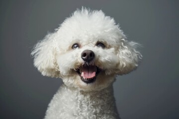 A white poodle is smiling and looking at the camera