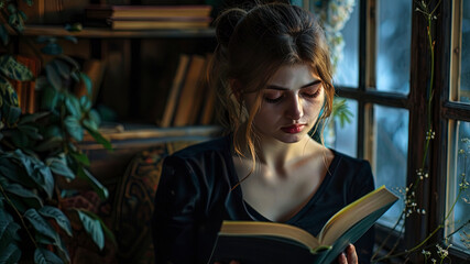 pretty young woman reading a book, woman with book, woman is studying