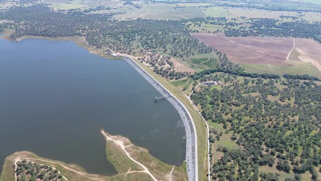 Drone flying over a dam, the Barragem dos Minutos in &Eacute;vora, Portugal