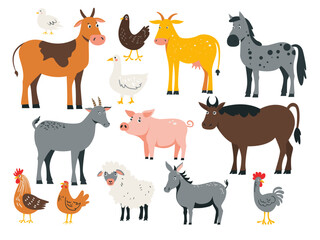 Cute farm animals collection with pig, cow, horse, sheep, goat and other characters. Doodle countryside animals set in cartoon style for kids and baby design. Vector illustration.