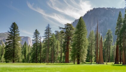 ponderosa pine and incense cedar trees in a lush green forest in yosemite national park
