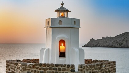 white lighthouse with a burning candle inside on a white background